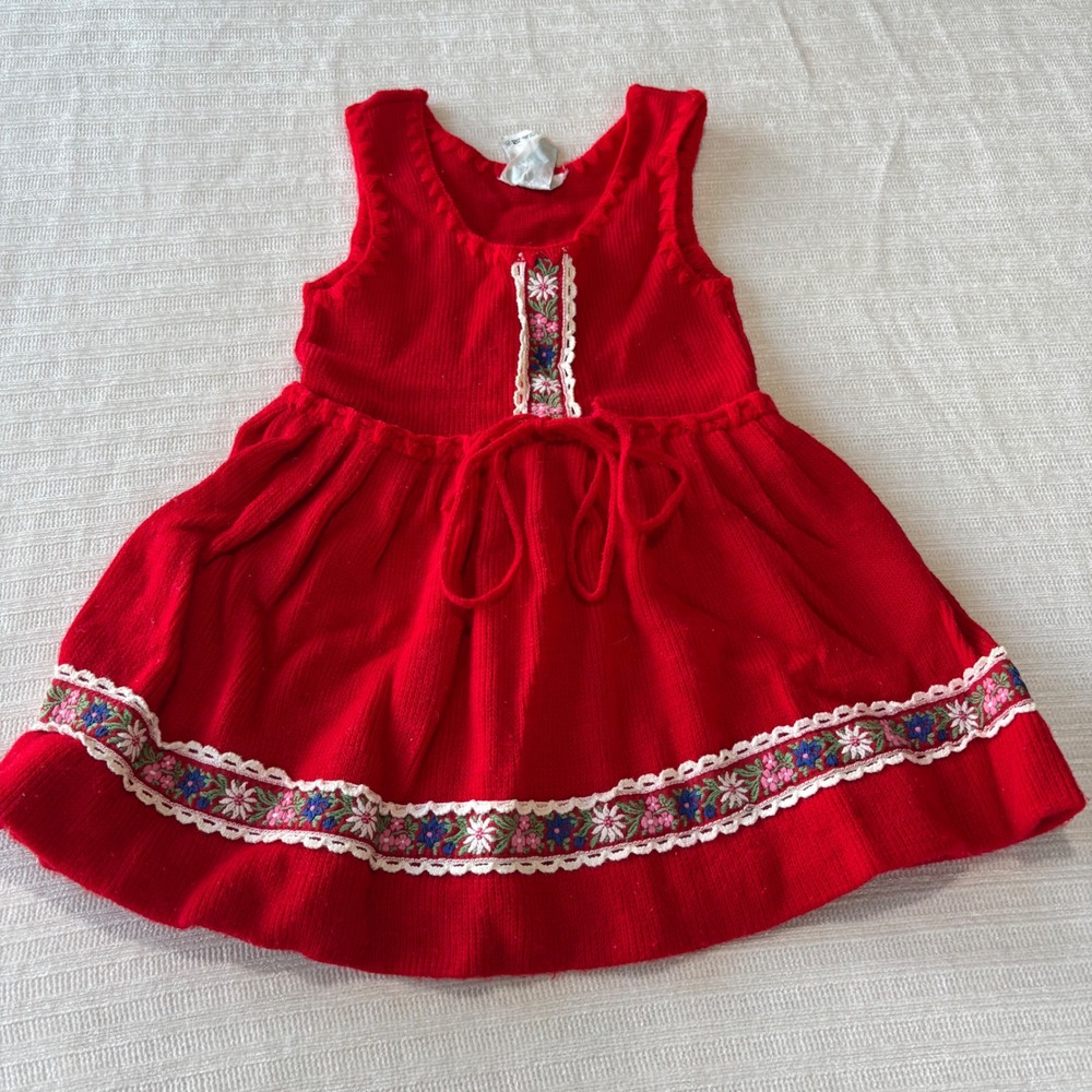 Vintage Heidi Mode Red Knit Dirndl Dress Kids Size 98 Floral Embroidery Lace